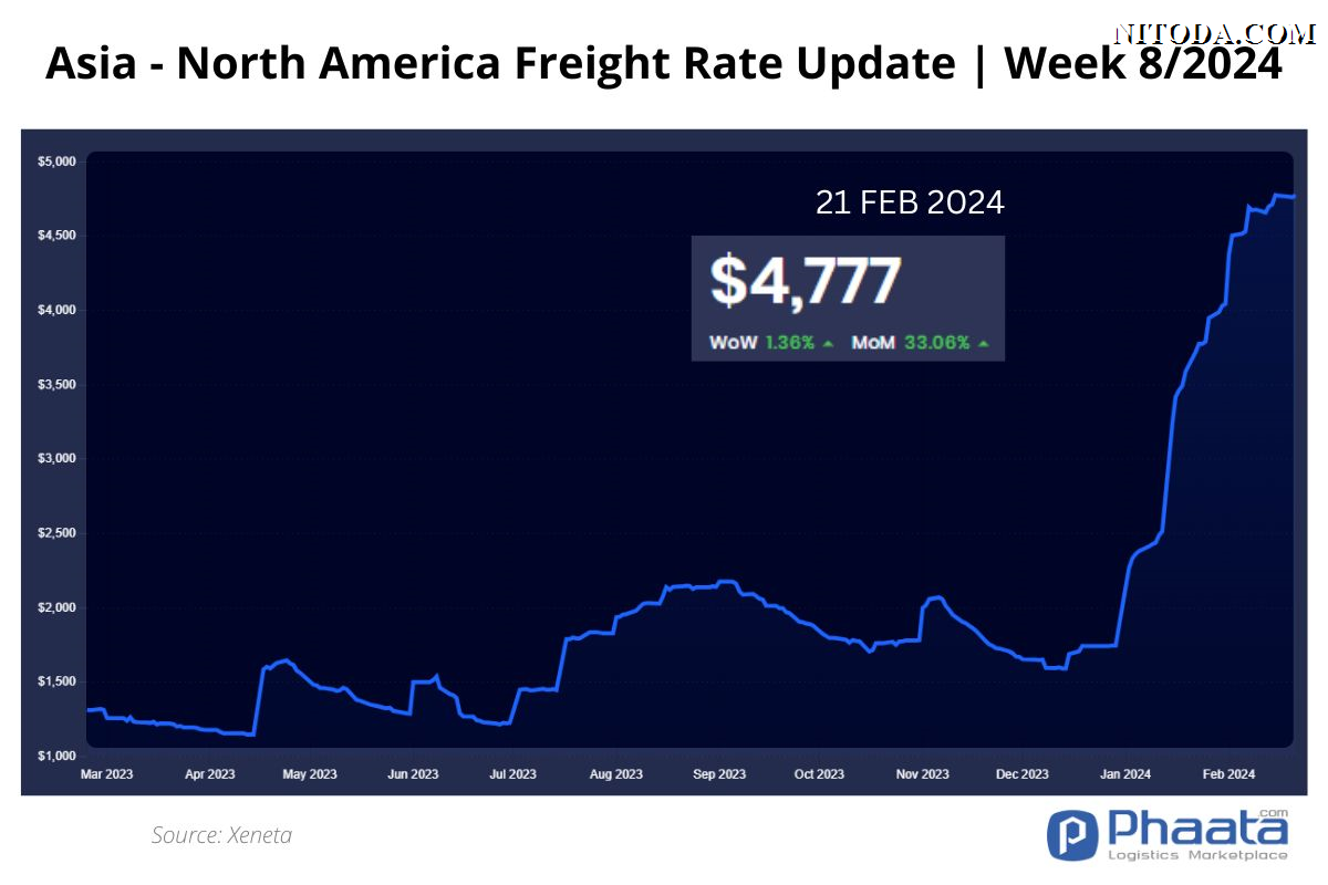 Giá cước vận chuyển Châu Á-Bắc Mỹ | Tuần 8/2024