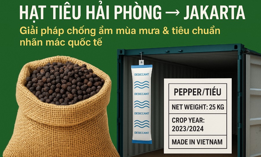 Hạt tiêu Hải Phòng → Jakarta: Giải pháp chống ẩm mùa mưa & tiêu chuẩn nhãn mác quốc tế
