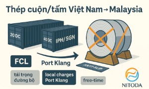 Xuất sắt thép cuộn/tấm sang Malaysia (Port Klang, Penang): tải trọng, chằng buộc, timeline & chi phí thực tế