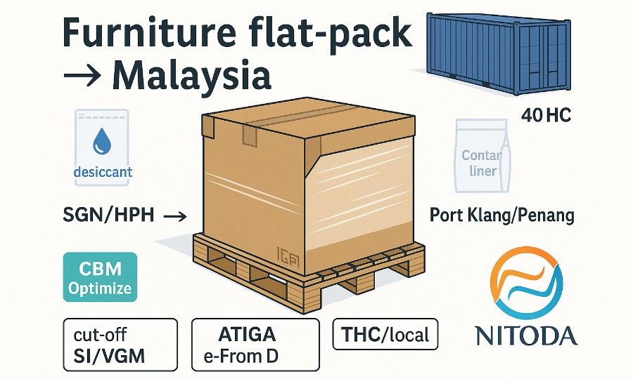 Đồ gỗ/nội thất flat-pack đi Malaysia: tối ưu CBM, chống móp góc, lịch tàu & chi phí “đúng chỗ”