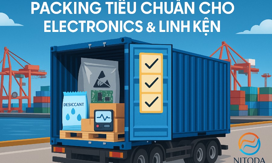 Packing tiêu chuẩn cho electronics & linh kiện ESD, hút ẩm & data logger trong hành trình nội Á 2–7 ngày